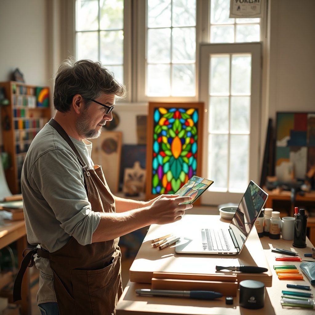 Stained glass window panel in sunlight